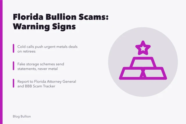 Card warning Florida retirees about bullion telemarketing and fake storage scams. Avoiding bullion scams in Florida, common schemes and state resources