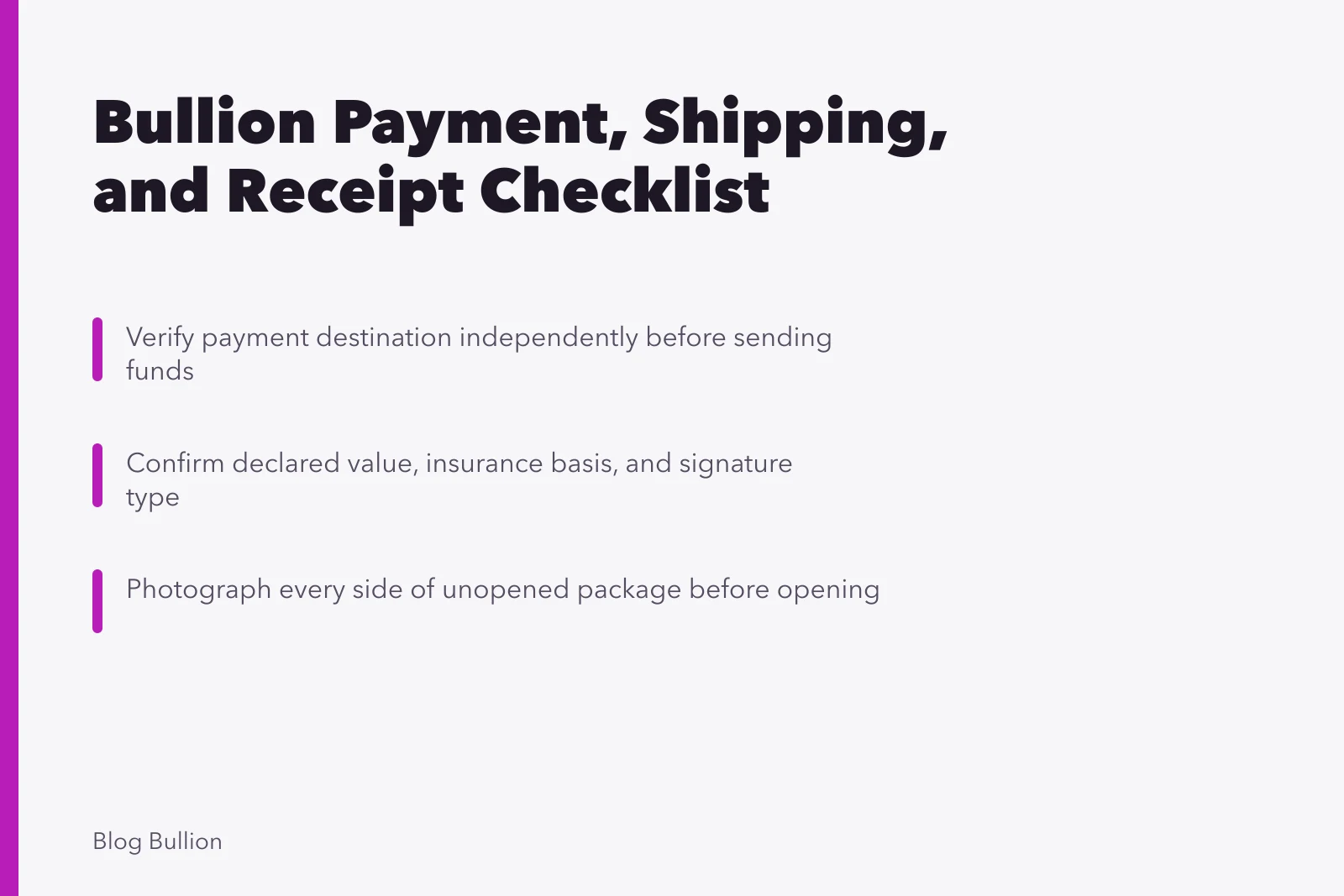 Checklist card for bullion payment, shipping, and receipt verification steps. Bullion payment, shipping, and receipt checklist