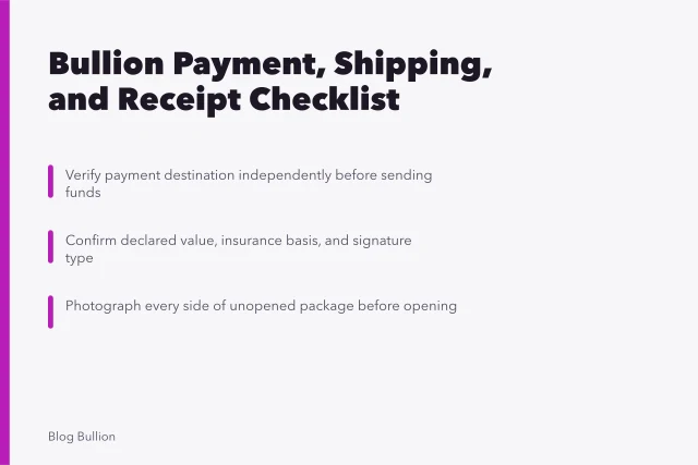 Checklist card for bullion payment, shipping, and receipt verification steps. Bullion payment, shipping, and receipt checklist