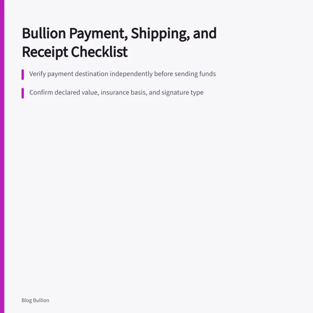 Checklist card for bullion payment, shipping, and receipt verification steps. Bullion payment, shipping, and receipt checklist