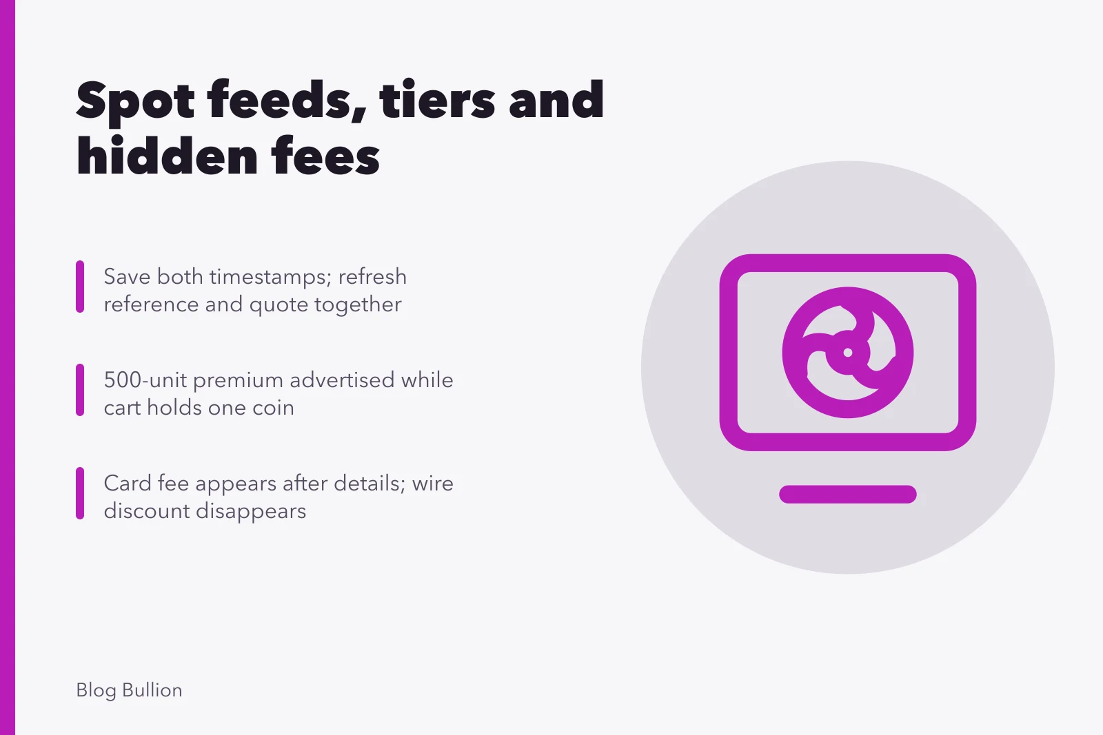 Card on bullion pricing: stale spot feeds, tier gaps, late payment fees. Bullion pricing problems: stale spot feeds, hidden fees and misleading discounts