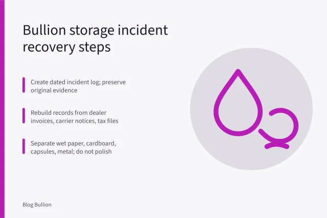 Card on bullion storage incident recovery, evidence, and water damage steps. Lost records, water damage, theft, and bullion access problems