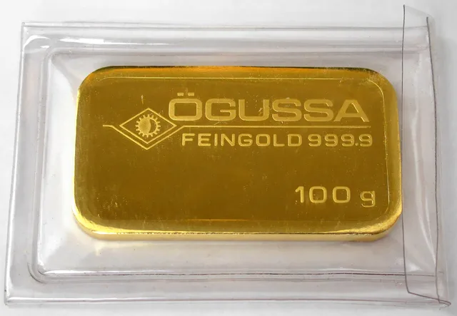 Gold Ingot from "Ögussa" with 100 Gram and purity of 99.99%. Bullion test methods compared: a qualitative overview