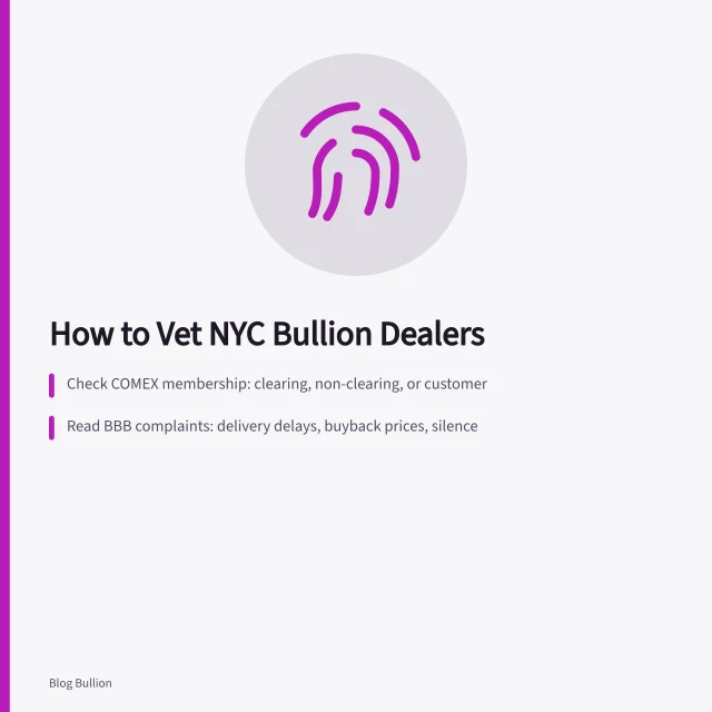 Checklist for verifying New York bullion dealers via COMEX, BBB, and regulators. How to evaluate bullion dealers in New York City, licenses, complaints and COMEX ties