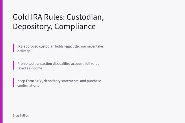 Gold IRA compliance card: custodian, depository, and prohibited transaction rules. How to Buy Gold in a Self-Directed IRA Without Prohibited Transactions