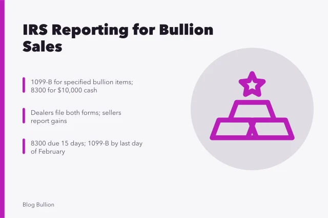 Gold bars and coins with IRS tax forms for bullion sales reporting. How IRS Form 1099-B and 8300 reporting works for bullion sellers