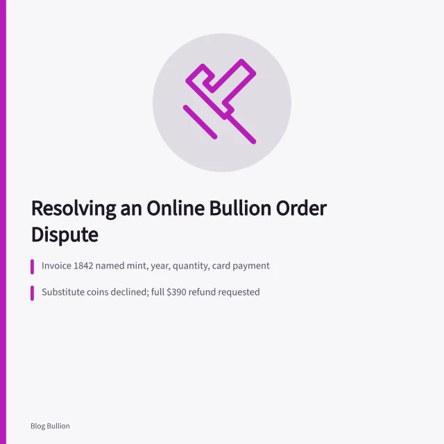 Card summarizing a documented bullion order dispute and refund timeline. Case study: resolving an online bullion order dispute