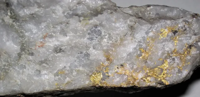 Quartz-gold hydrothermal vein rock (gold ore) from the Precambrian of Ontario, Canada. This high-grade gold ore sample is from the famous Hollinger Mine in Timmins, Ontario, one of the richest gold mines on Earth. The whitish-gray material is quartz and the buttery, metallic-lustered material is nat. Bullion product specification reading guide: identity, mass, dimensions, marks, and packaging