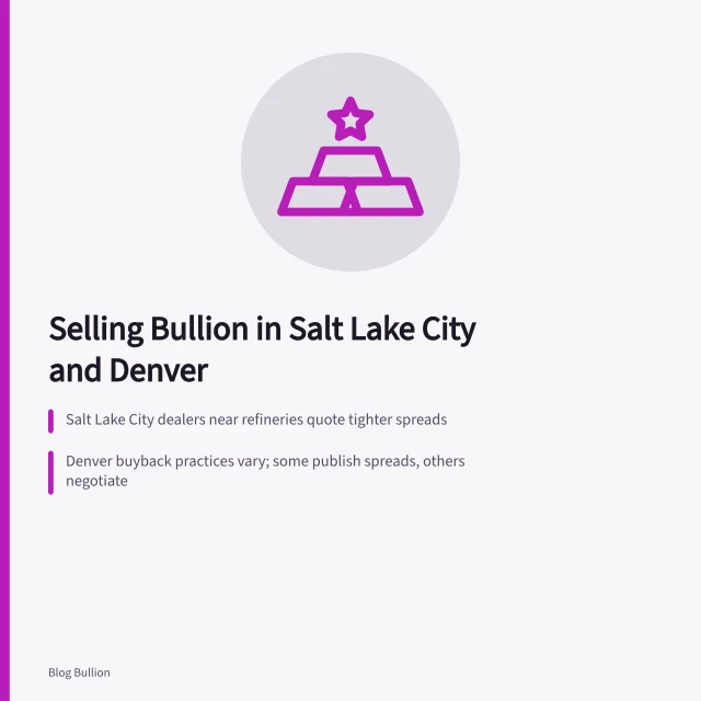 Card comparing bullion selling in Salt Lake City and Denver. Selling bullion in Salt Lake City and Denver, dealer networks and reporting rules