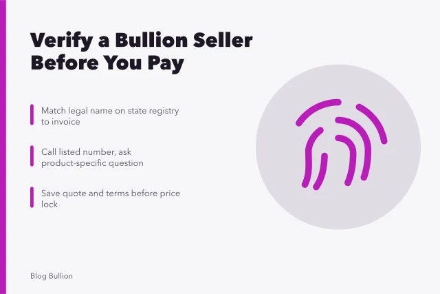 Checklist for verifying a bullion seller's identity, records, and order terms. How to verify a bullion seller and document an order