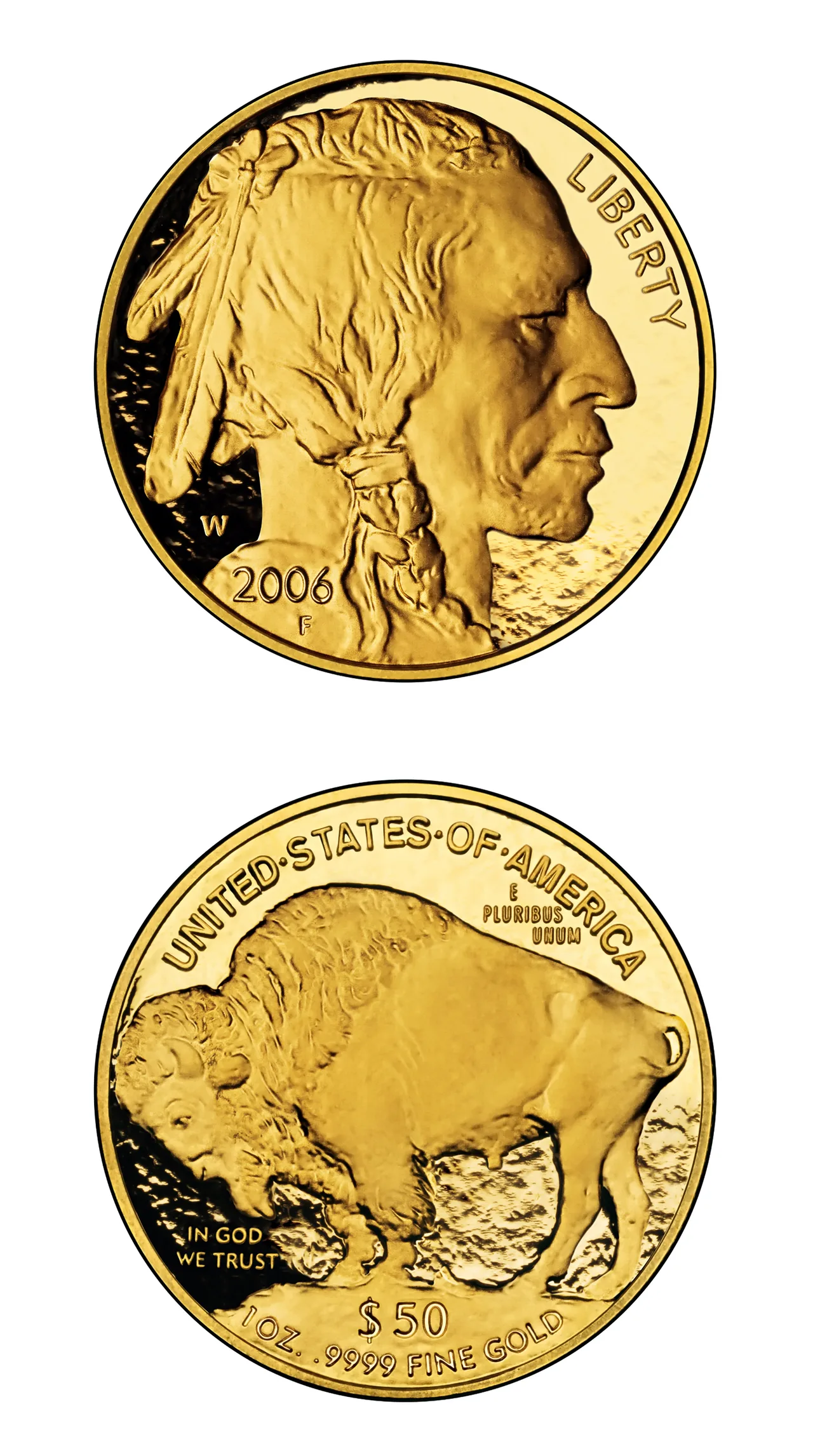 Obverse and reverse of a 2006 American Buffalo gold proof coin