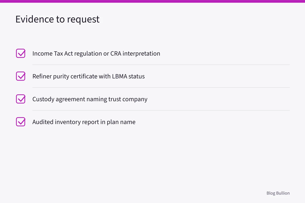 Checklist of four documents to request before committing to RRSP bullion (RRSP Eligible Gold and Silver: Which Bullion Products Qualify and How to Hold Them)