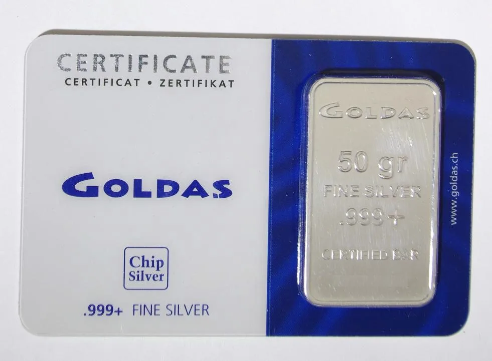 A 50-gram fine-silver bar sealed in a certificate card