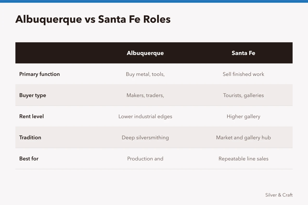 Comparison table of Albuquerque and Santa Fe roles for silversmiths (Setting up a silver studio in Albuquerque or Santa Fe, suppliers and markets compared)