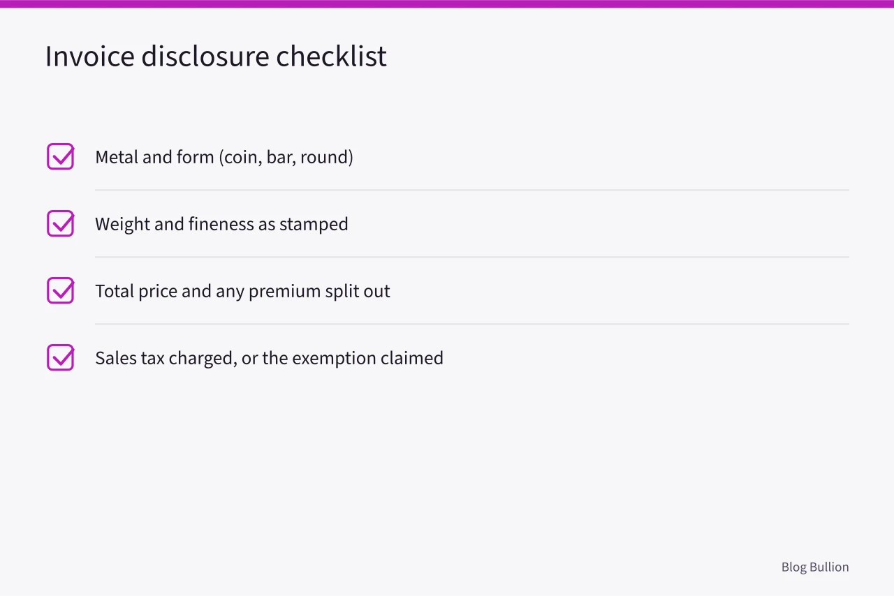 Checklist of invoice details for bullion sales tax compliance (Which U.S. States Charge Sales Tax on Bullion?)
